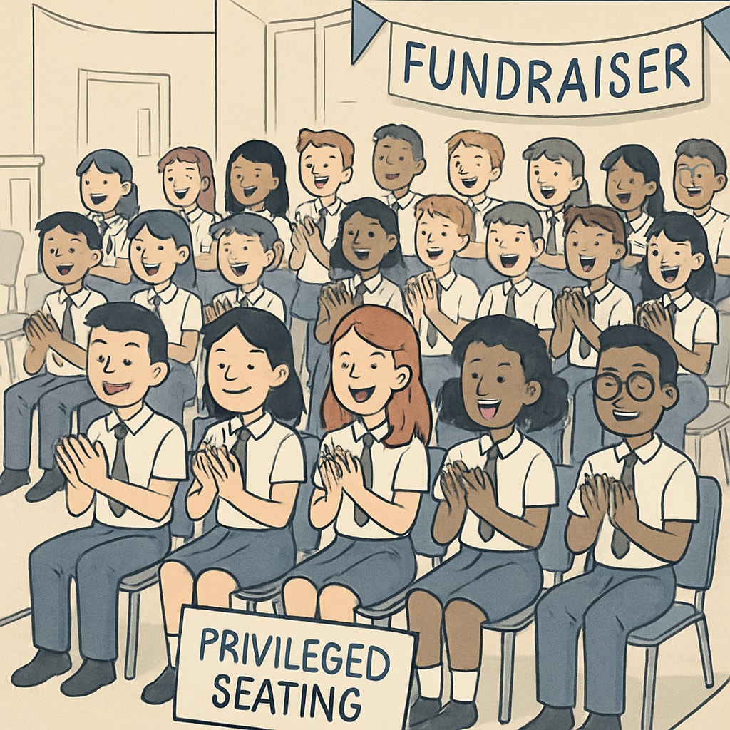 A group of students at a school event, with some sitting in a privileged, front-row section due to tiered fundraising benefits. Students at a school event highlight tiered benefits from fundraising.