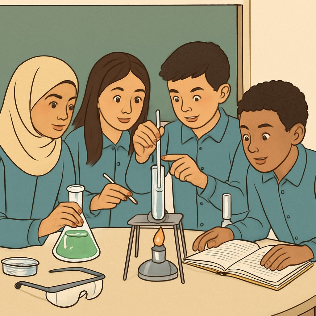 Students in Gaza participating in a hands-on science experiment, promoting critical thinking and engagement. Gaza students performing scientific experiments in an inclusive classroom.