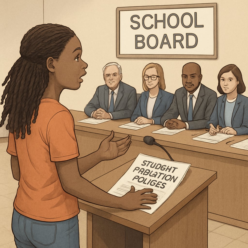 A passionate child safety advocate addressing a school board on student protection policies. Child safety advocate speaking at a school board meeting.