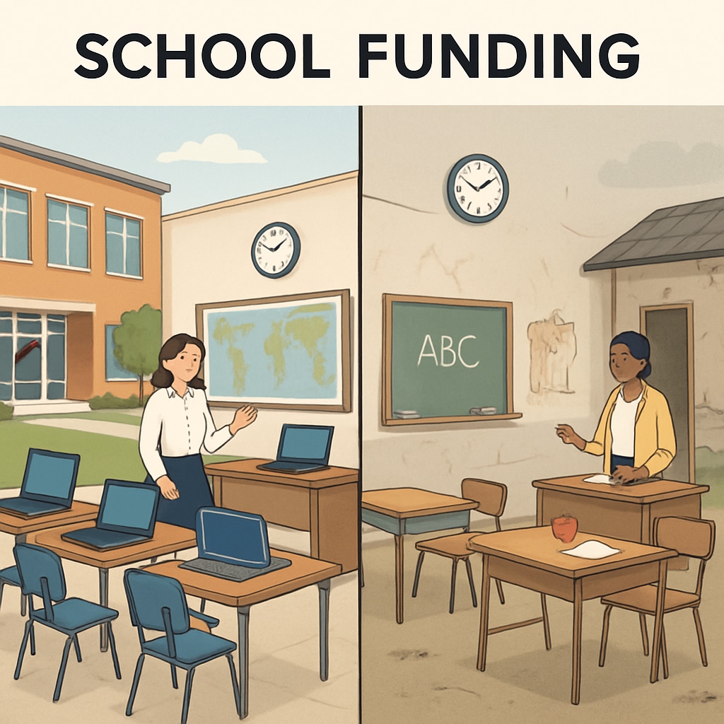 A contrasting image of two schools—one with modern facilities funded by high donations, and another struggling with limited resources. Image showing stark differences in school resources due to unequal fundraising.