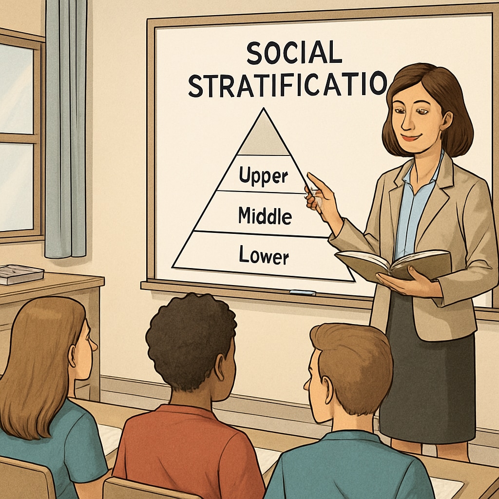 A classroom setting where a teacher explains social stratification using a whiteboard diagram. Teacher discussing social stratification with students as part of social mobility education.