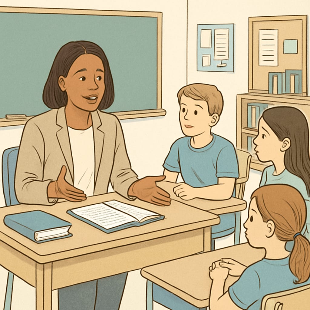 A school counselor providing guidance to students in a classroom setting, symbolizing their role in academic and emotional support. A school counselor discussing with students in a classroom to provide academic and emotional guidance.