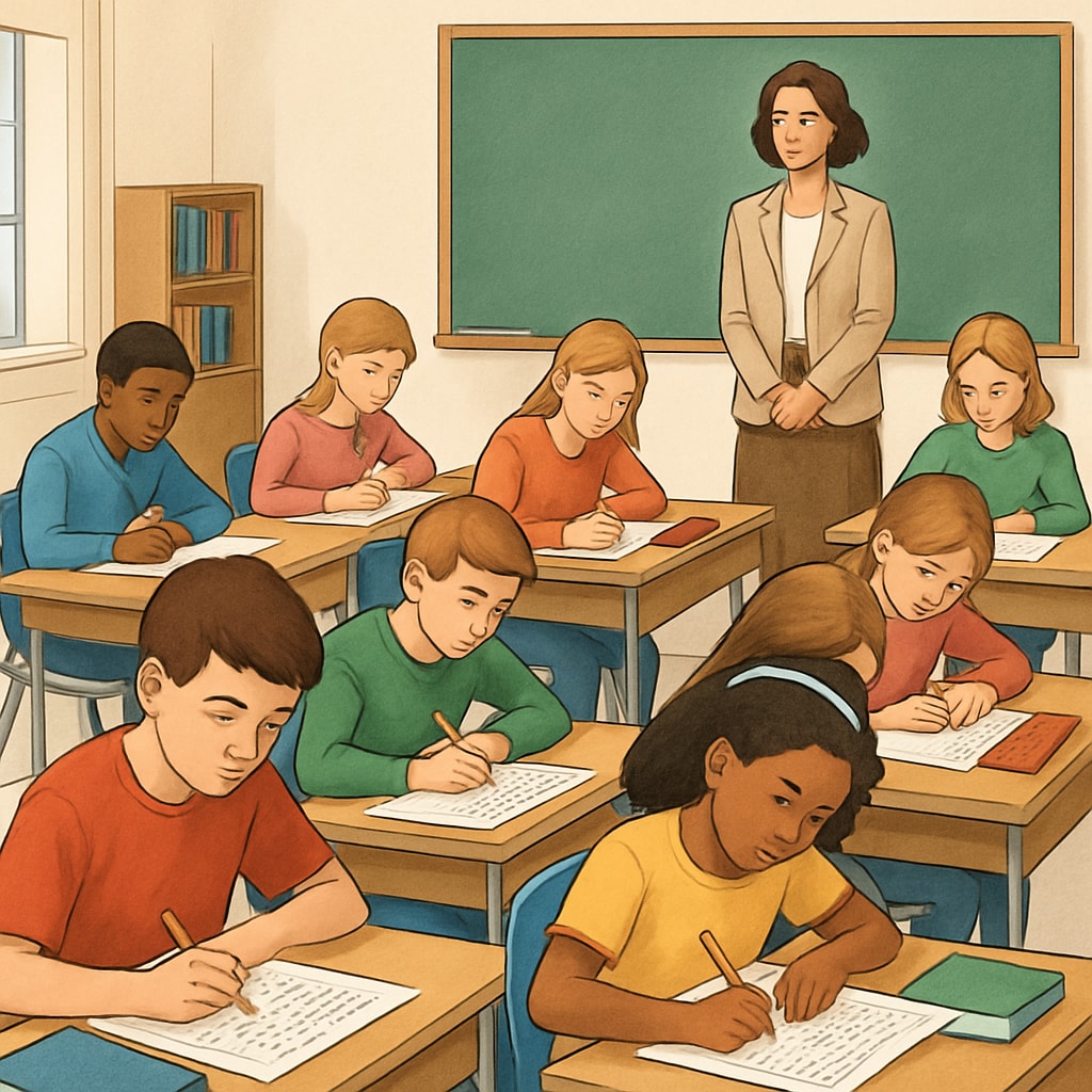 A group of students taking a standardized test in a classroom setting, symbolizing the importance of assessment in education. Students taking a classroom test, representing educational assessments.