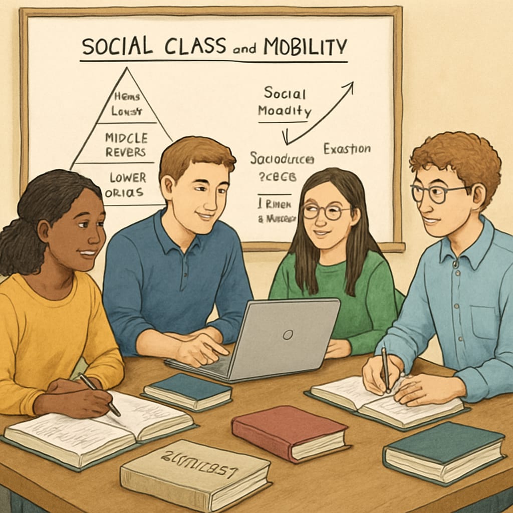 A diverse group of students working collaboratively on a sociology project about social class and mobility. Students collaborating on a sociology project about social mobility and class systems.