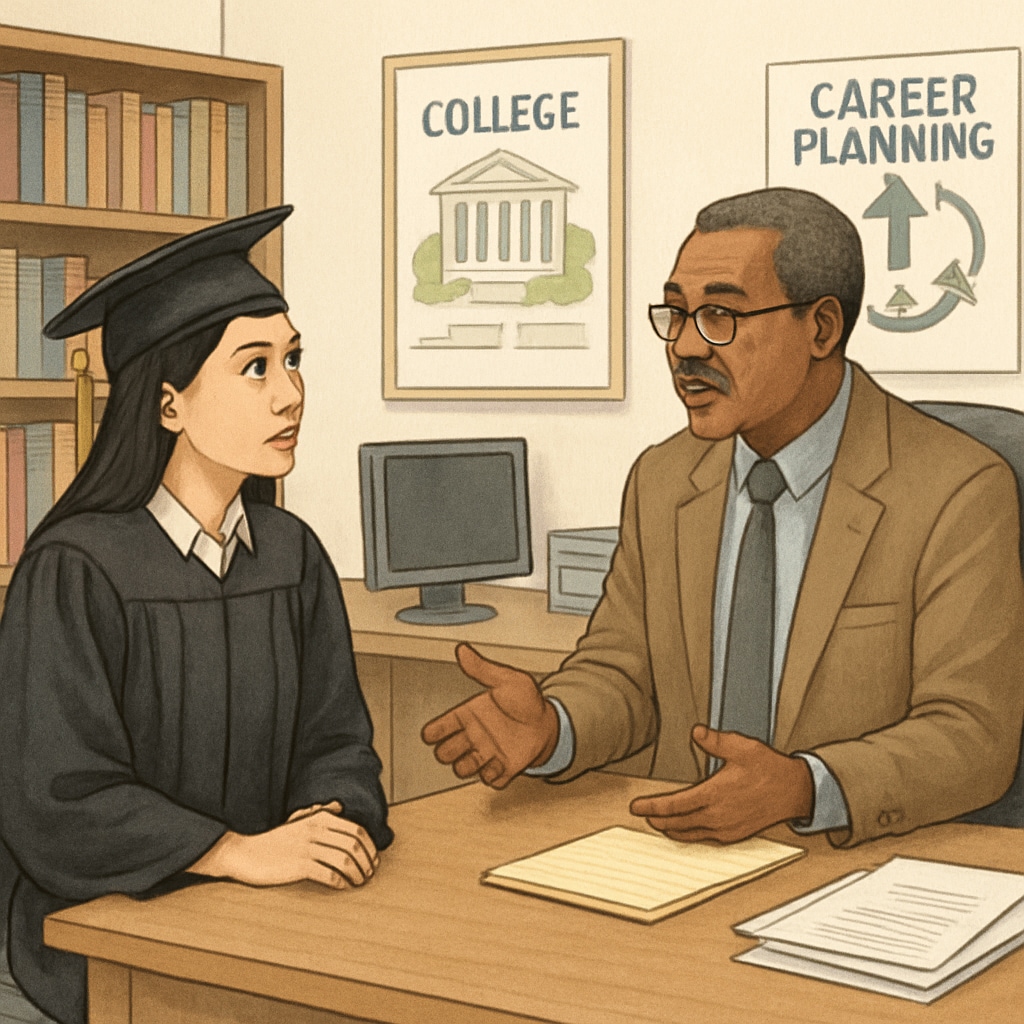 A graduate student interviewing a school counselor in an office environment to understand real-world challenges in K12 education. A graduate student conducting an academic interview with a school counselor in a professional setting.