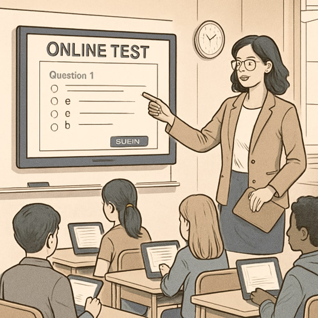 A teacher using an online testing platform, demonstrating the use of technology in modern education. A teacher engaging with a digital test platform for students.