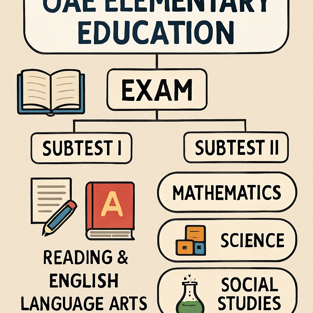 A detailed visual showing the structure and topics covered in the OAE Elementary Education exam. OAE exam structure and topics overview