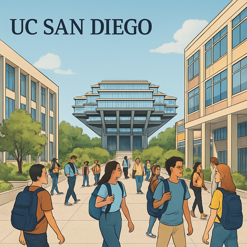 A bustling UC San Diego campus with students walking between modern academic buildings. UC San Diego campus with students and academic buildings, reflecting enrollment growth.