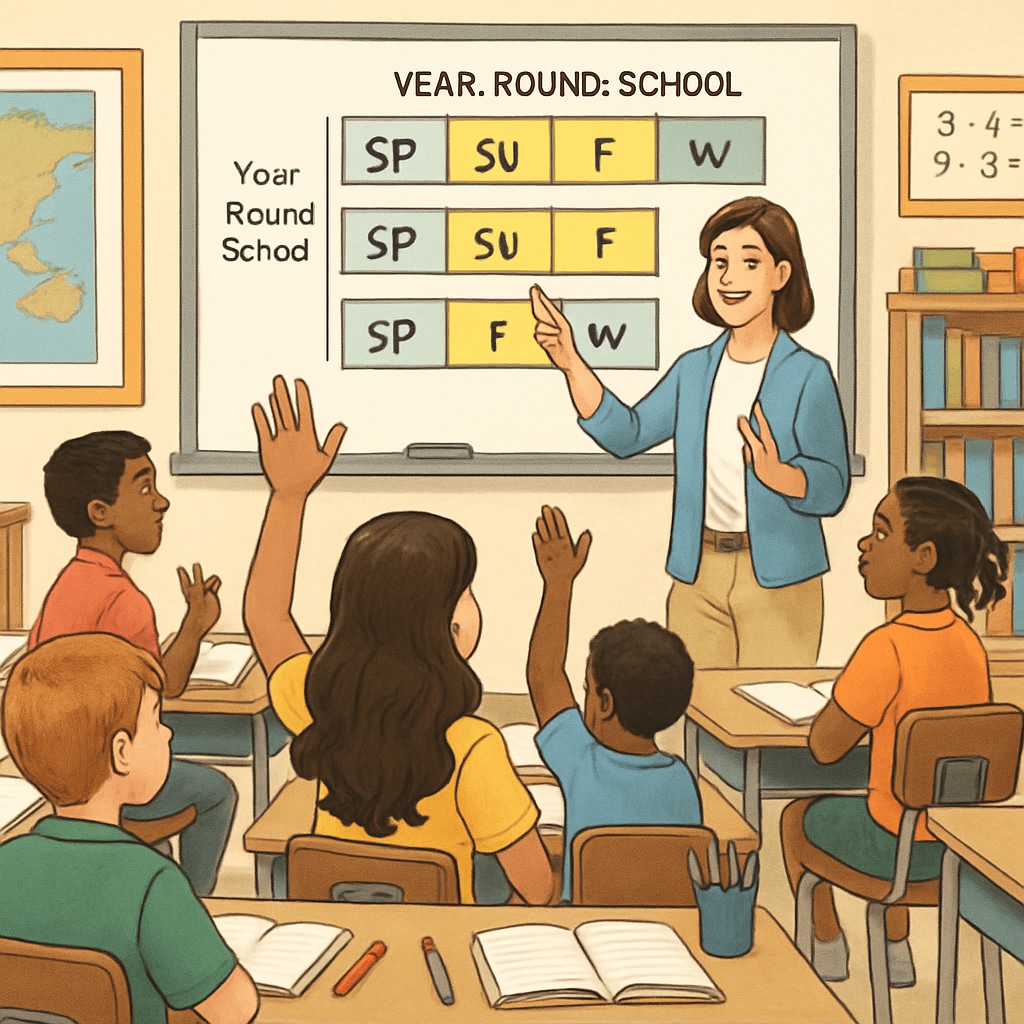 A classroom of students engaged in year-round schooling, with an interactive teacher-led activity. Year-round schooling activity with engaged students and teacher in a classroom.