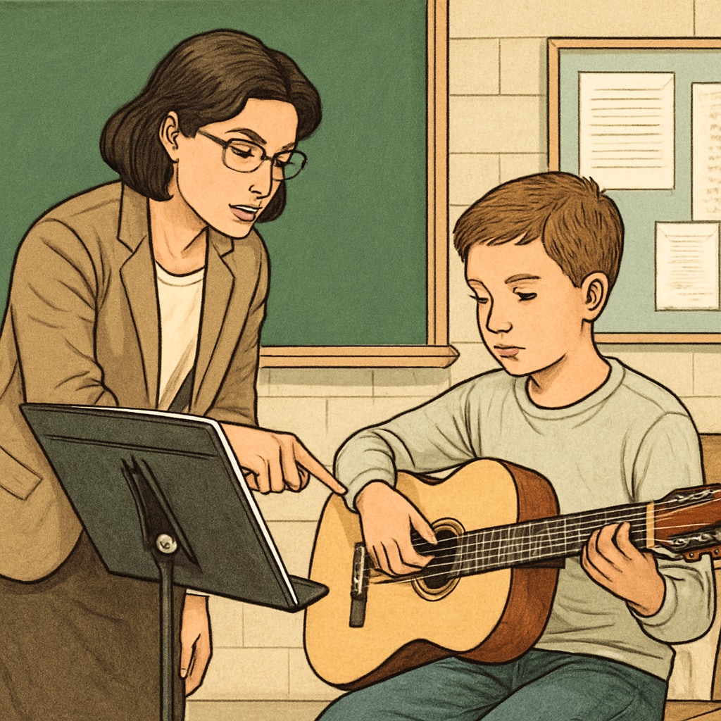 A teacher intensely guiding a student during a music lesson, symbolizing rigorous training methods. A teacher guiding a student with intensity, representing the concept of educational rigor.