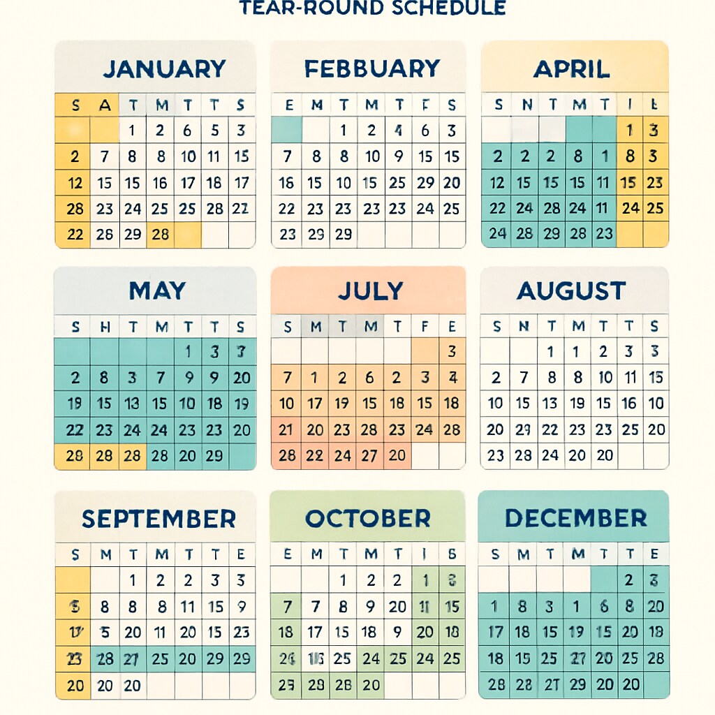 A school calendar showing year-round scheduling with evenly distributed breaks. Year-round school calendar with evenly distributed breaks for better learning retention.