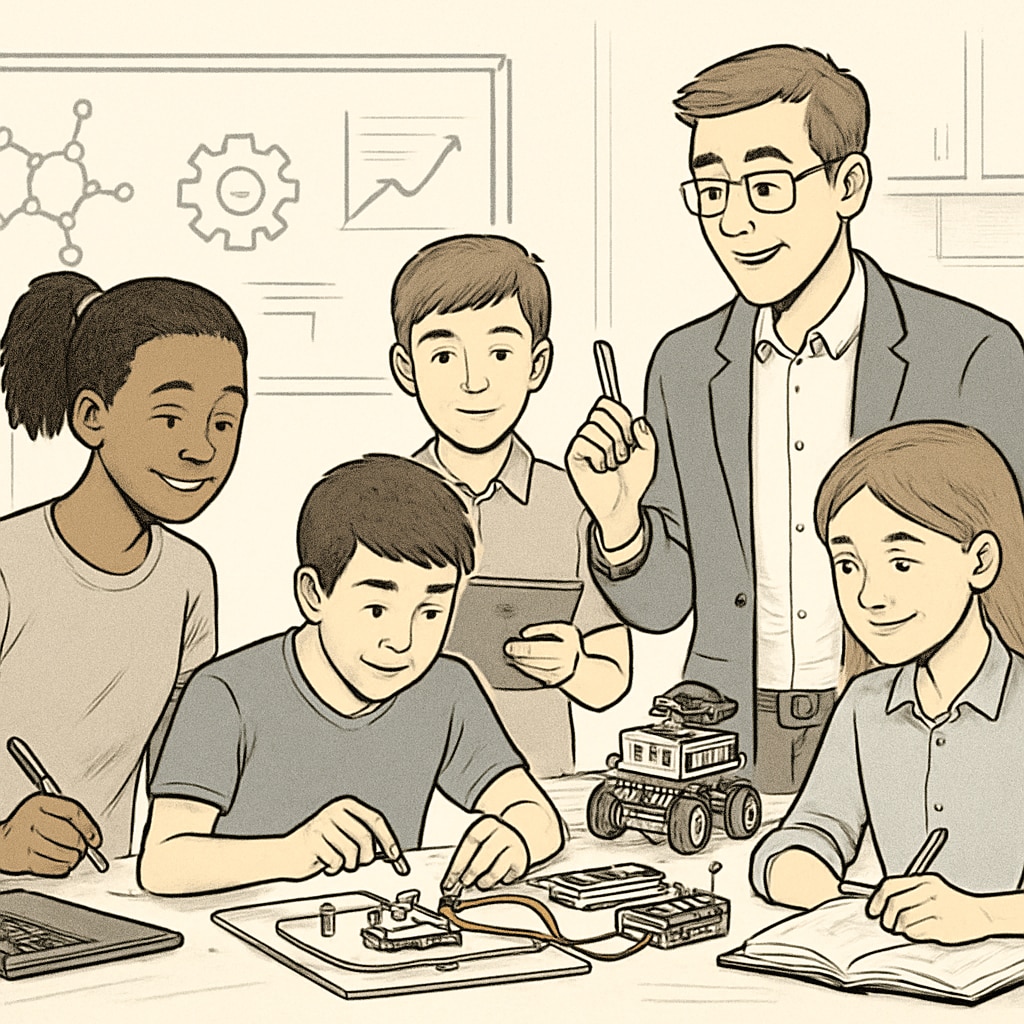 High school students engaging in a STEM workshop, guided by a university mentor. High school students in a STEM workshop, highlighting K-12 and UC San Diego collaboration.