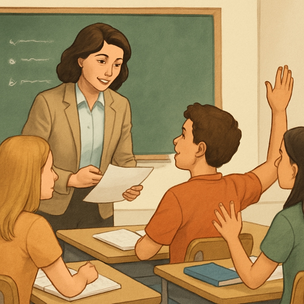 A classroom where a teacher encourages students while offering constructive feedback, highlighting a balance between rigor and care. A teacher providing feedback to students in a classroom, emphasizing care in education.