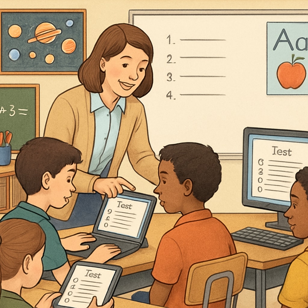 A teacher assisting a group of students using digital test resources in a classroom setting. Teacher and students using digital test resources for education