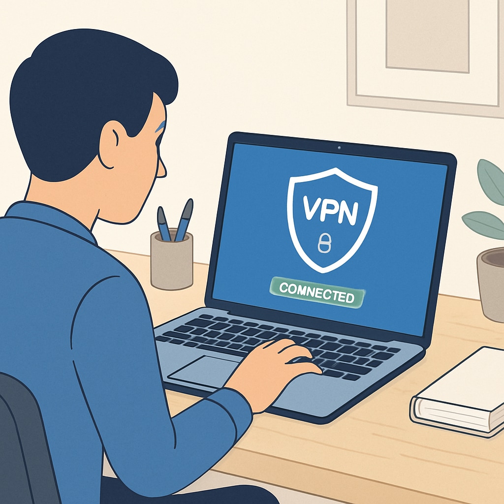 A person using a laptop with a VPN interface displayed, symbolizing privacy and security online. VPN interface displayed on a laptop screen, highlighting digital privacy.