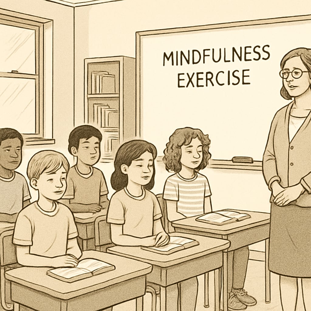 A classroom setting where students are participating in a mindfulness exercise, showcasing practical applications of psychological concepts. Students practicing mindfulness in a classroom setting.