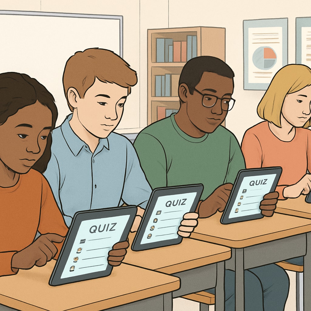 A diverse group of students taking an online quiz using individual tablets. Students taking an online quiz using test resources