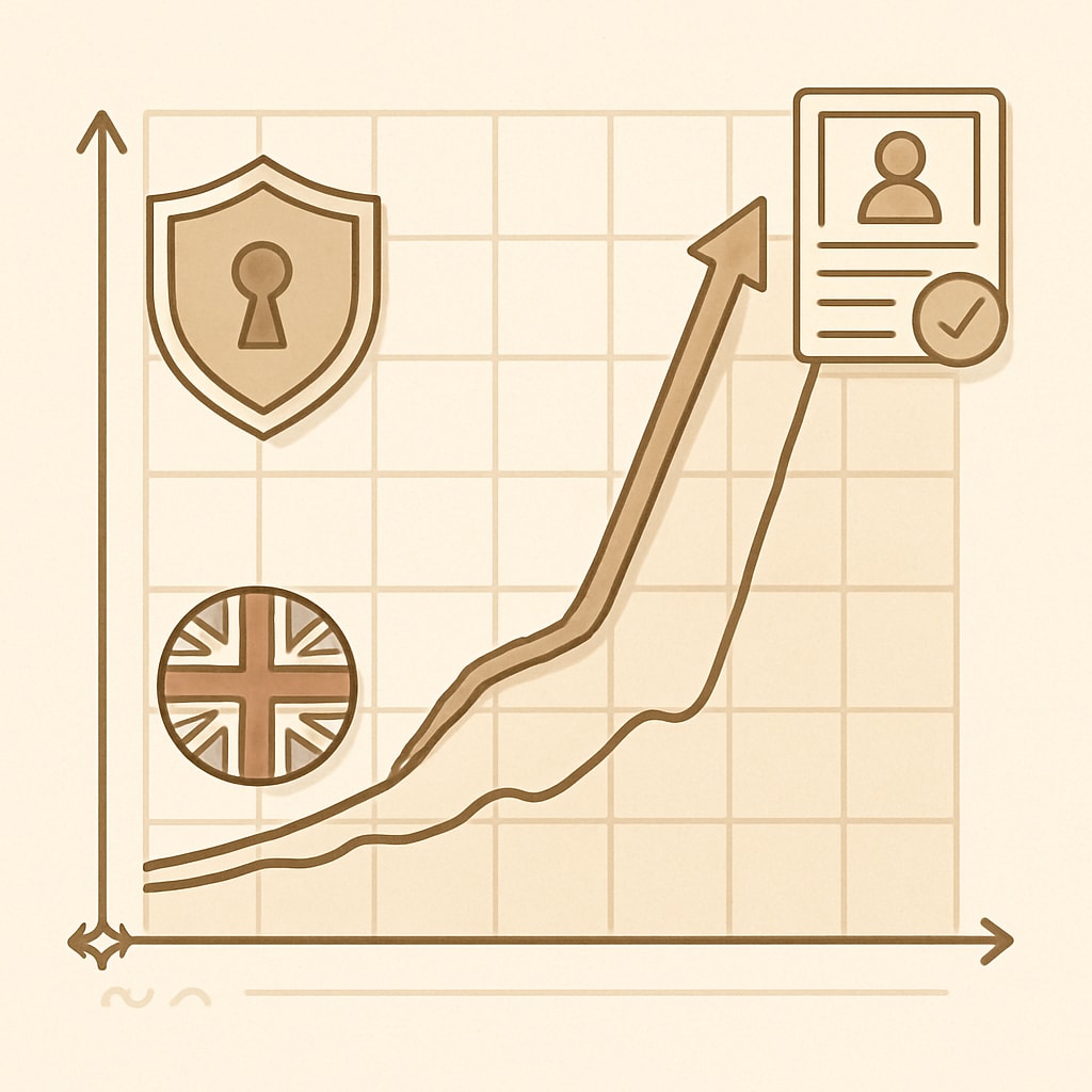 A graphical representation of VPN usage trends, highlighting a sharp increase in the UK after the implementation of age verification laws. Chart showing VPN usage trends in the UK post-age verification laws.