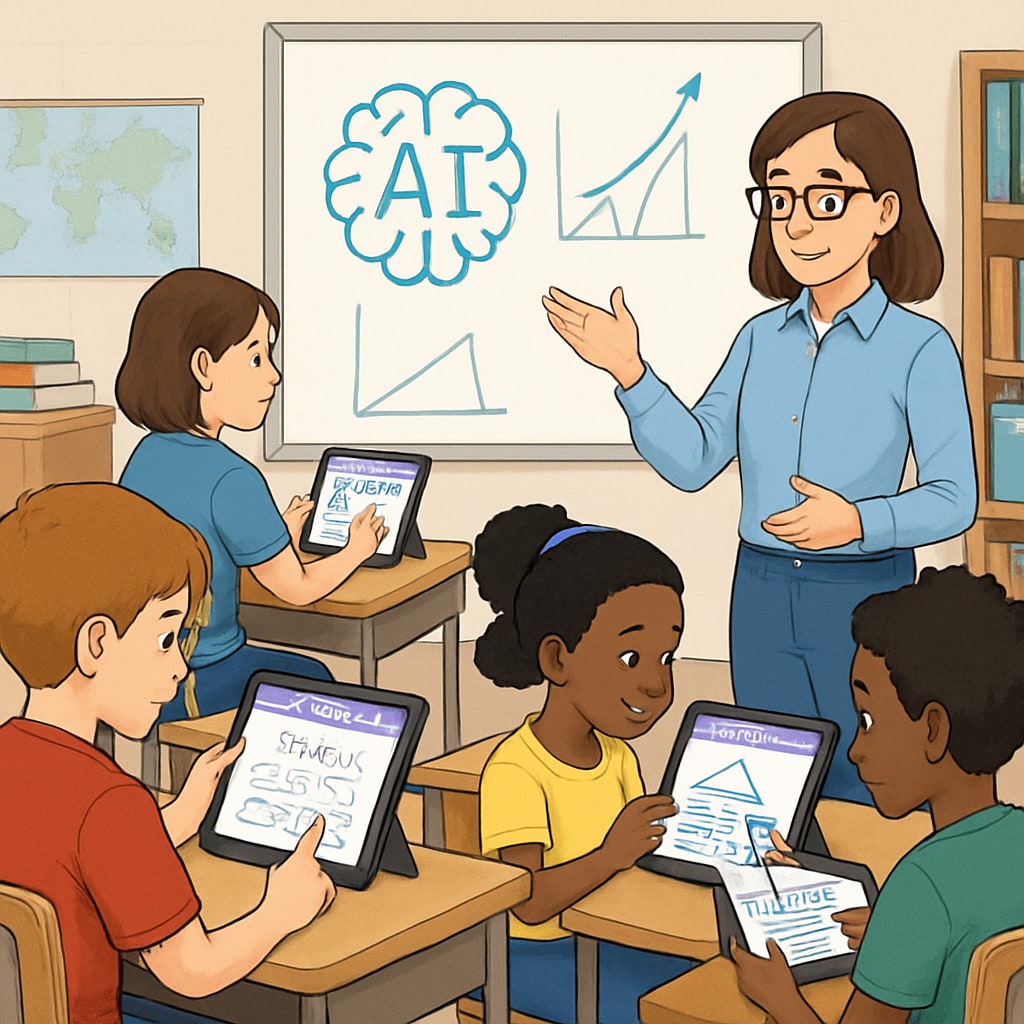 A classroom with students using AI-powered learning tablets to engage in personalized lessons. Students engaging with AI-powered tablets for personalized school education.