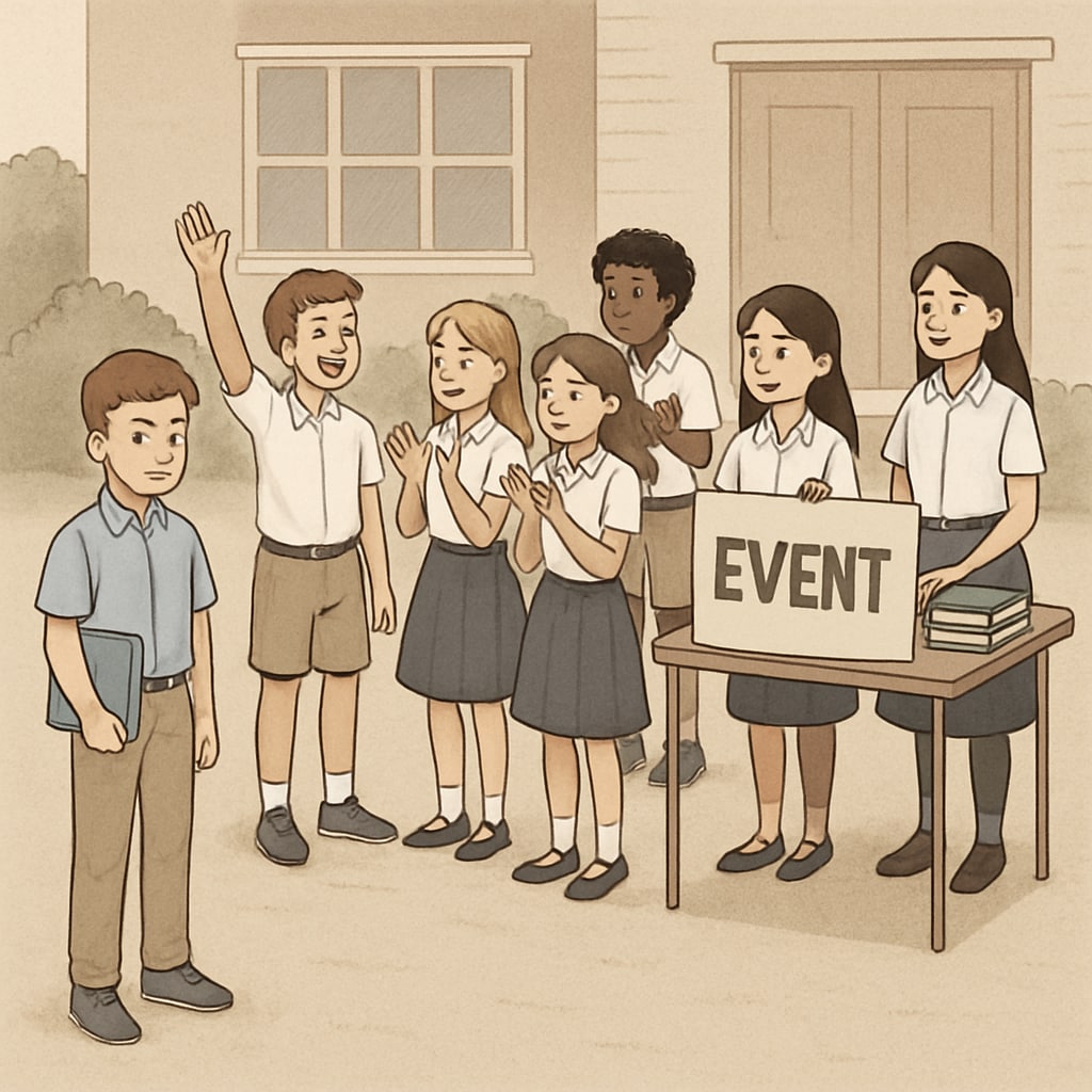 A group of students participating in a school event, with some visibly excluded based on payment tiers. Students at a school event showing the impact of tiered donation systems.
