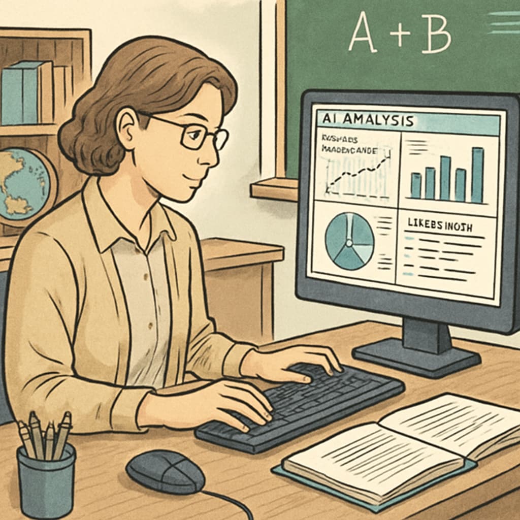 A teacher collaborating with AI software to analyze student performance trends and adjust lesson plans. Teacher using AI tools for student performance analysis in school education.