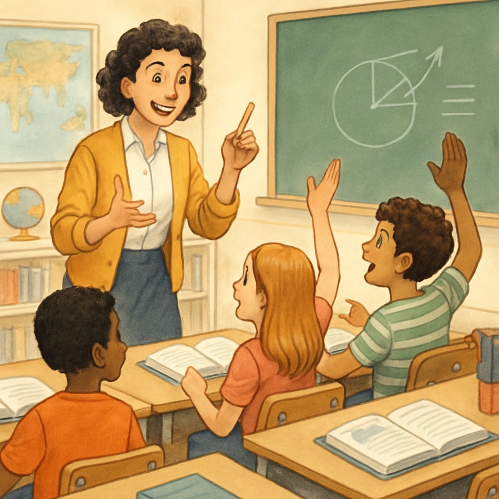 A classroom scene where a teacher is motivating students to achieve their best in a creative way. Teacher motivating students in a classroom, emphasizing education methods and excellence.