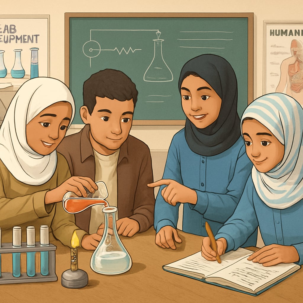 Gaza students conducting a science experiment as part of their curriculum.