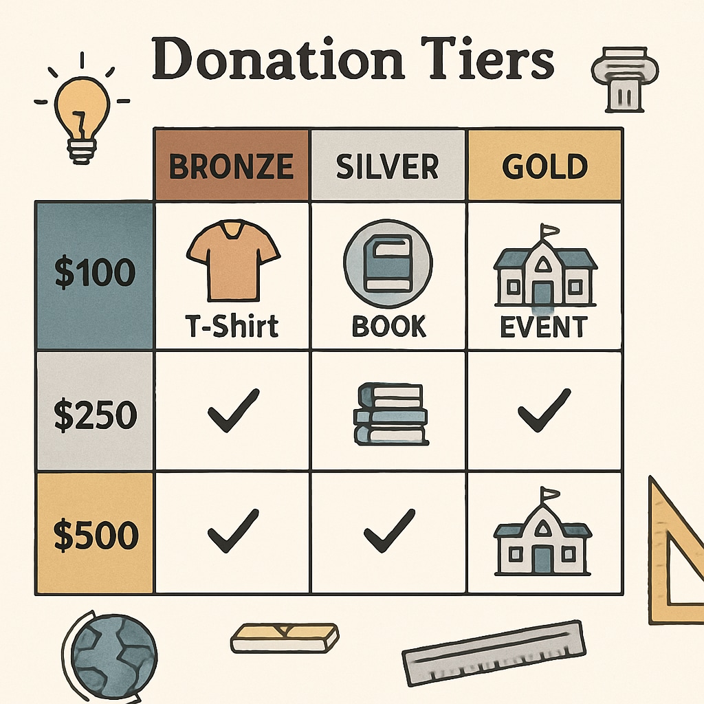 A visual representation of donation tiers in a school fundraising campaign, showing segregated benefits for different levels. Donation tiers in a school fundraising program illustrating economic stratification.