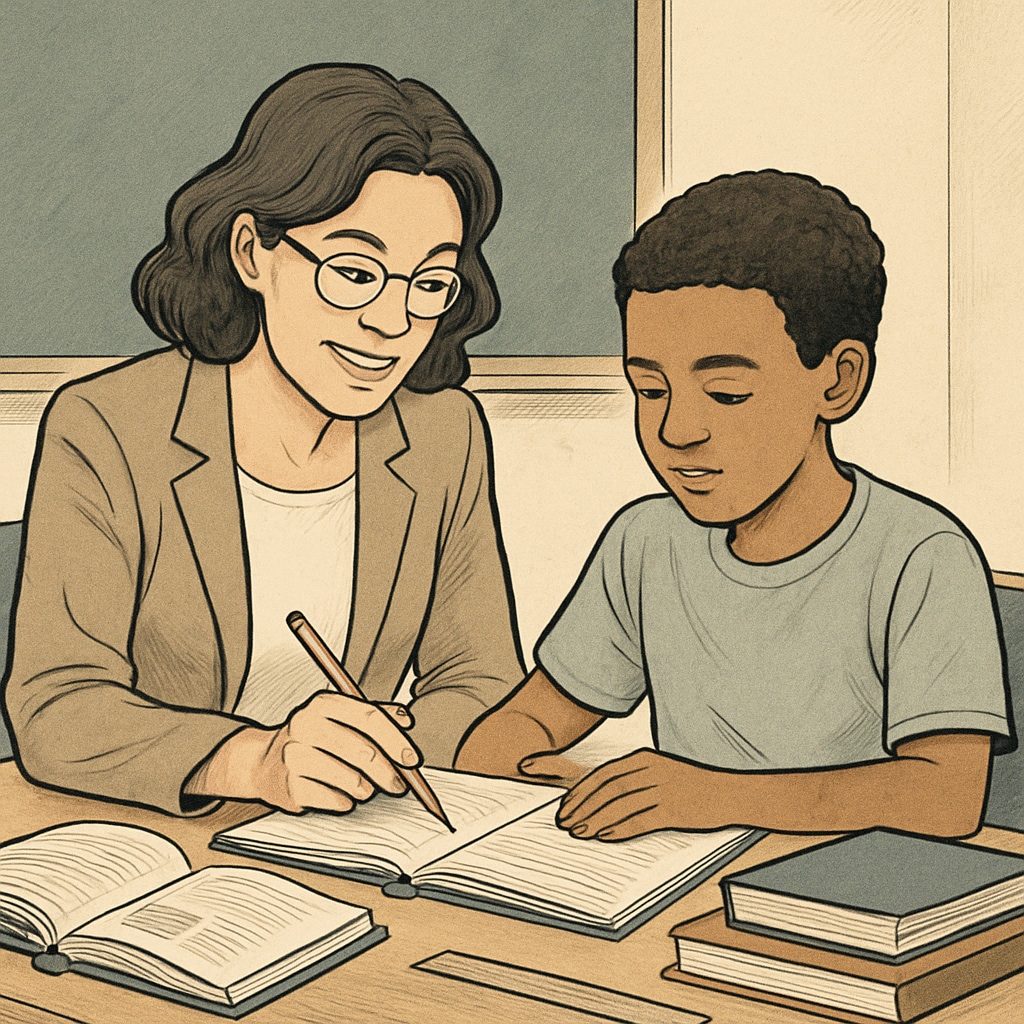 A teacher sitting with a student, providing personalized guidance to help them excel. Teacher offering individualized attention to a student, highlighting the balance between rigor and care.