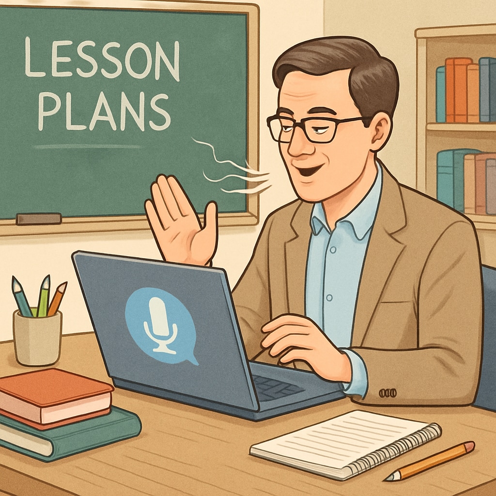 A teacher using WillowVoice to dictate lesson plans on a laptop, showcasing the ease of voice-to-text technology in an educational setting. A teacher using WillowVoice for lesson planning via voice-to-text technology