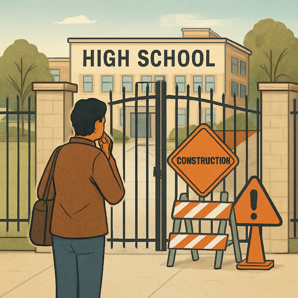 A parent standing uncertainly outside a high school campus, symbolizing the barriers to parental involvement during renovations. A parent hesitating outside a high school campus, illustrating reduced parental engagement.