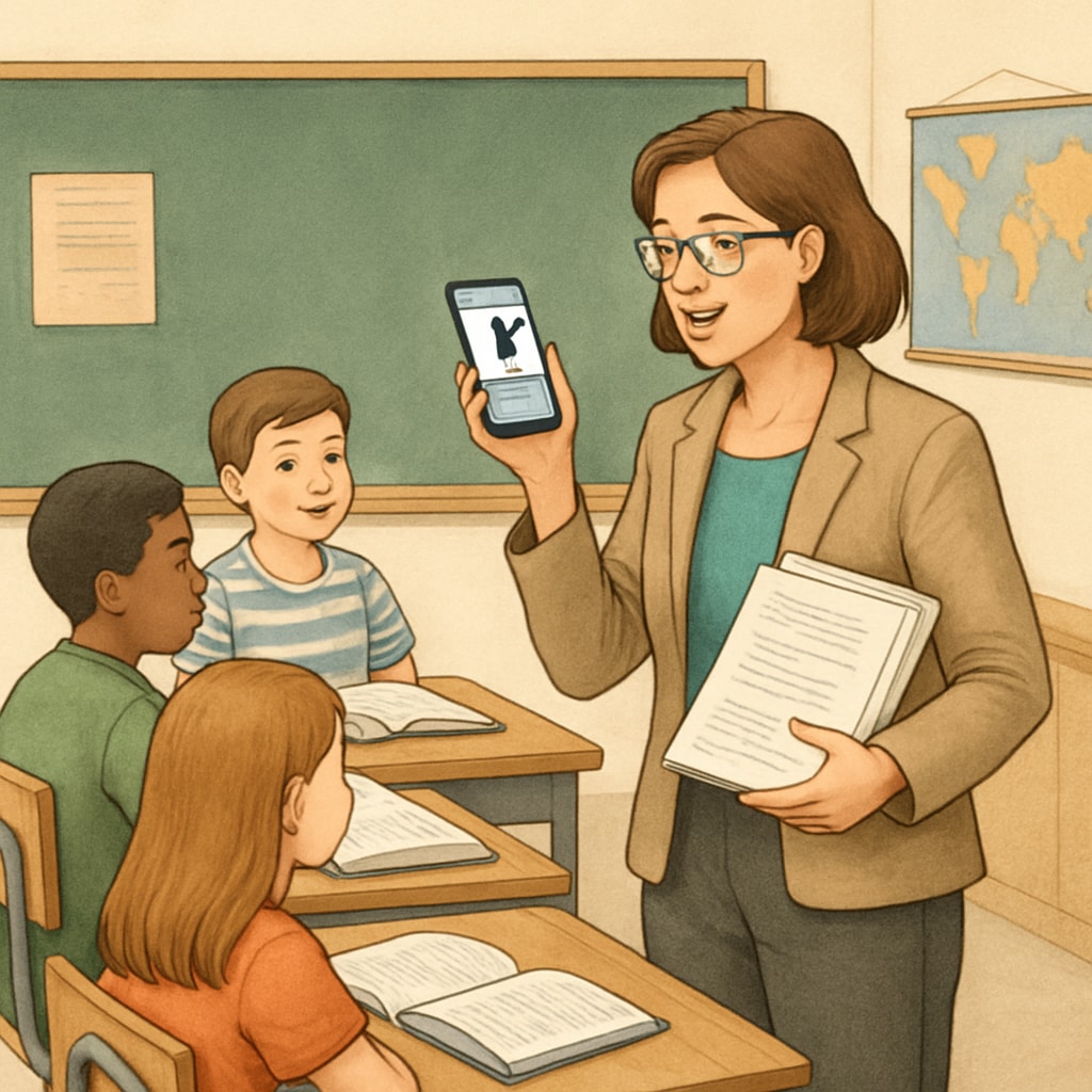 A classroom setting where a teacher is using WillowVoice on a smartphone to provide verbal feedback on student assignments. A teacher using WillowVoice for student feedback in a classroom