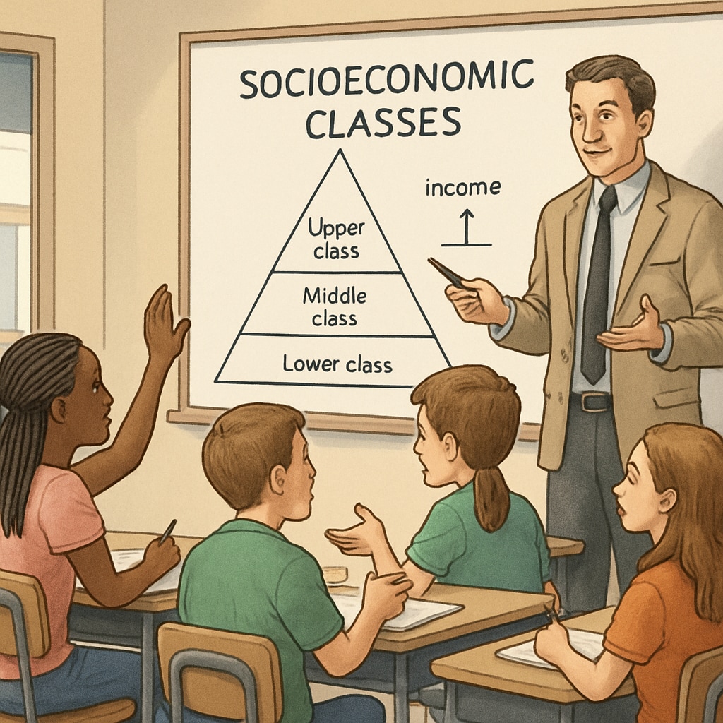A classroom with a teacher explaining socioeconomic classes on a whiteboard, students actively engaged in discussion. A classroom where the teacher is discussing class systems, part of K12 social studies education.