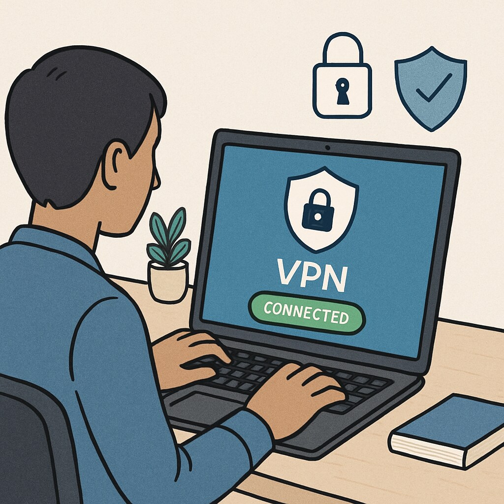 A person using a laptop with a VPN application open, symbolizing secure and anonymous browsing. VPN application open on a laptop