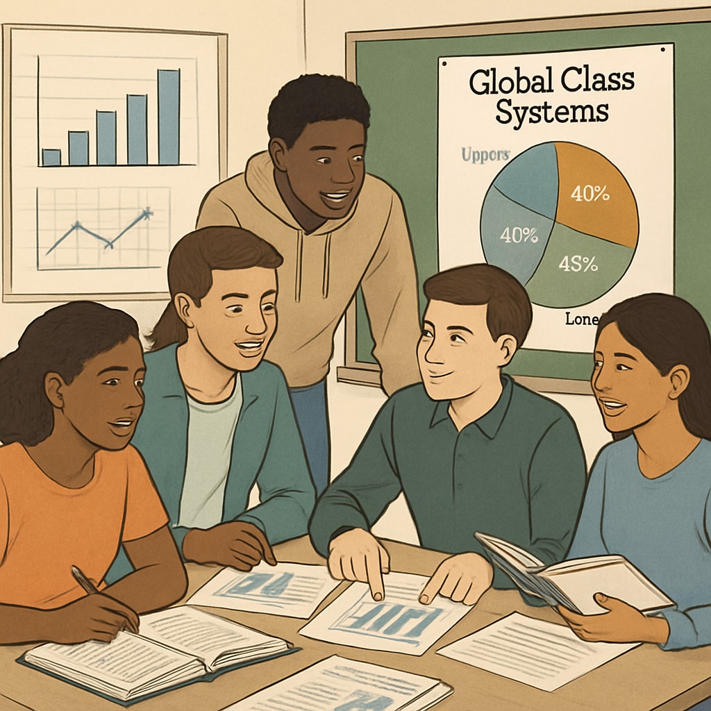 A diverse group of students collaborating on a project about global class systems, displaying charts and research materials. Students working on a collaborative project about global class systems in a social studies class.