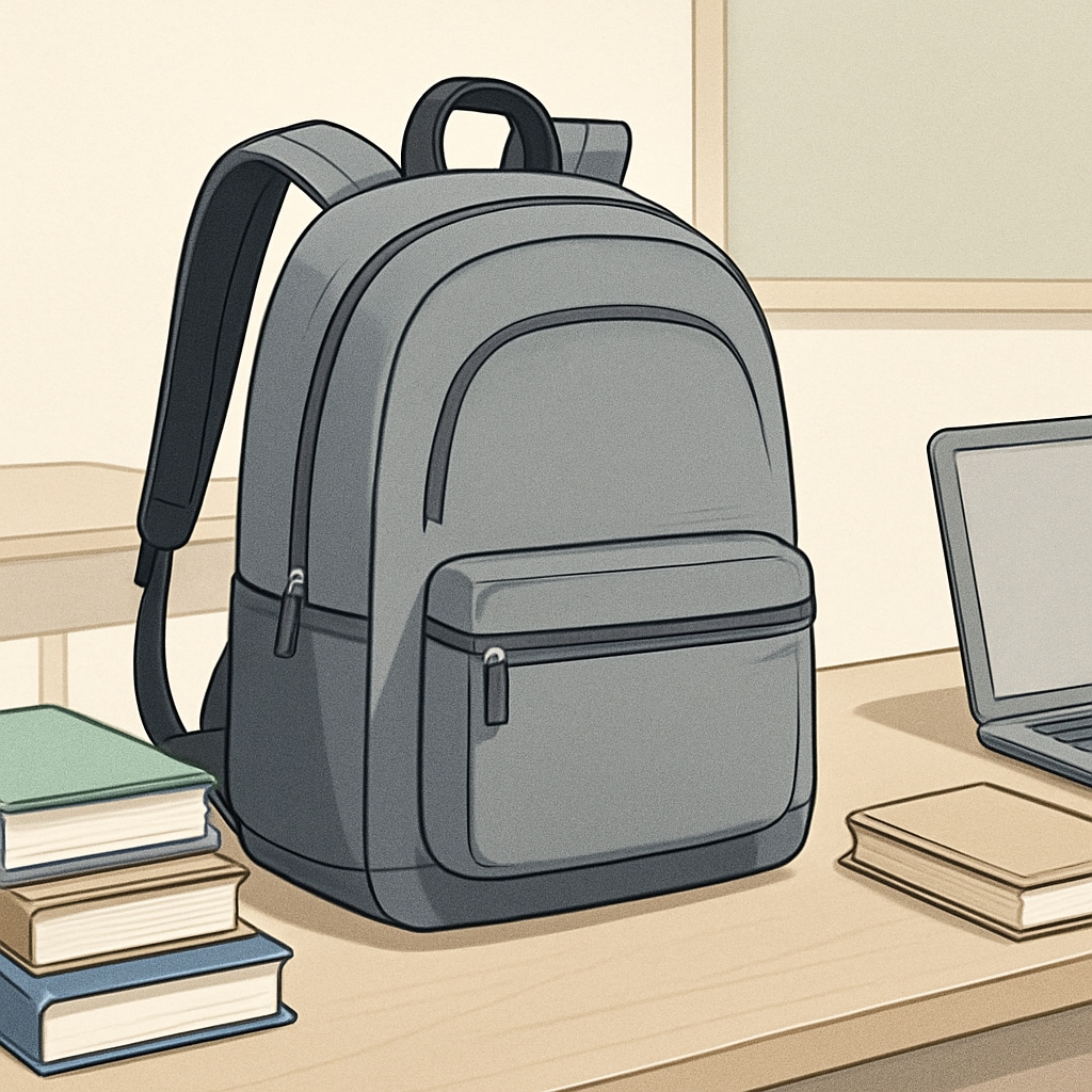 A modern, spacious college backpack sitting on a desk with books and a laptop, showcasing its capacity and style. spacious college backpack on a desk with books and a laptop