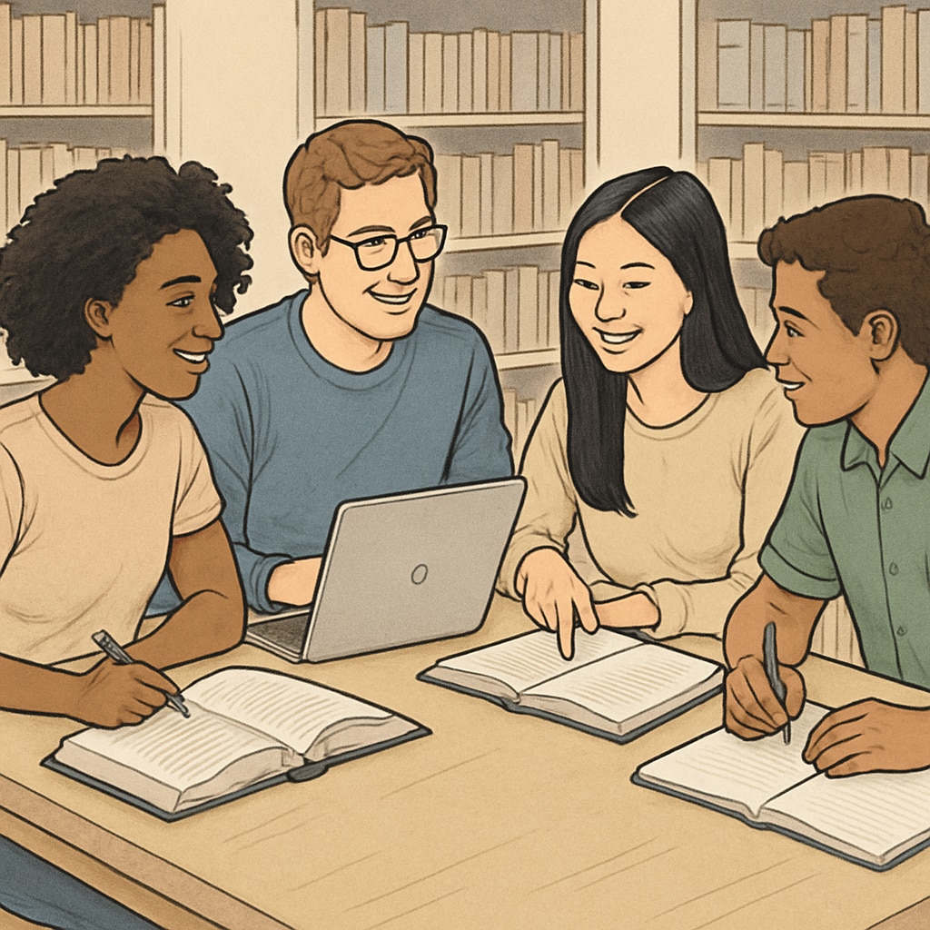 A group of diverse students studying together at a library, with books and laptops open. Students preparing for the OAE teacher exam in a collaborative study session.