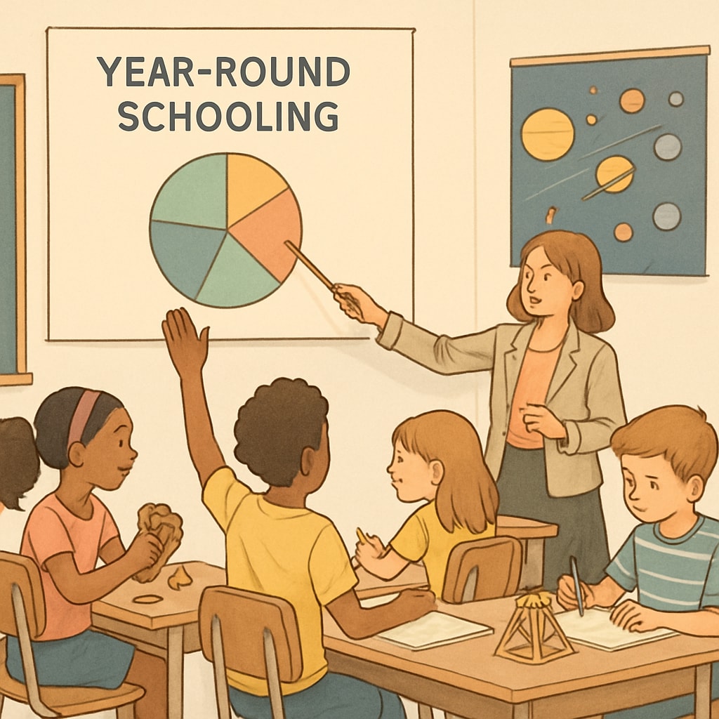 Year-round schooling classroom with teacher and students engaged in interactive learning.