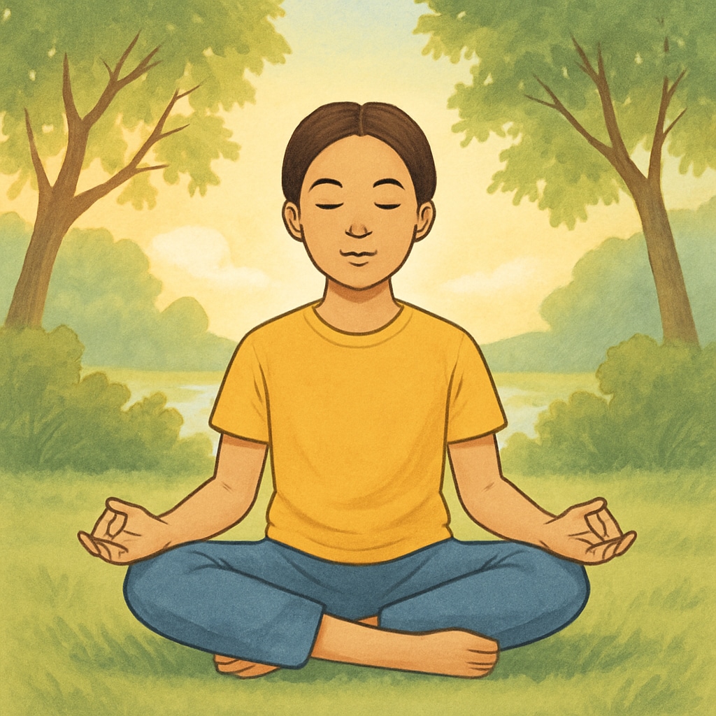 A serene scene of a person meditating outdoors, symbolizing stress relief and focus. Meditation and stress relief for OAE exam anxiety management.