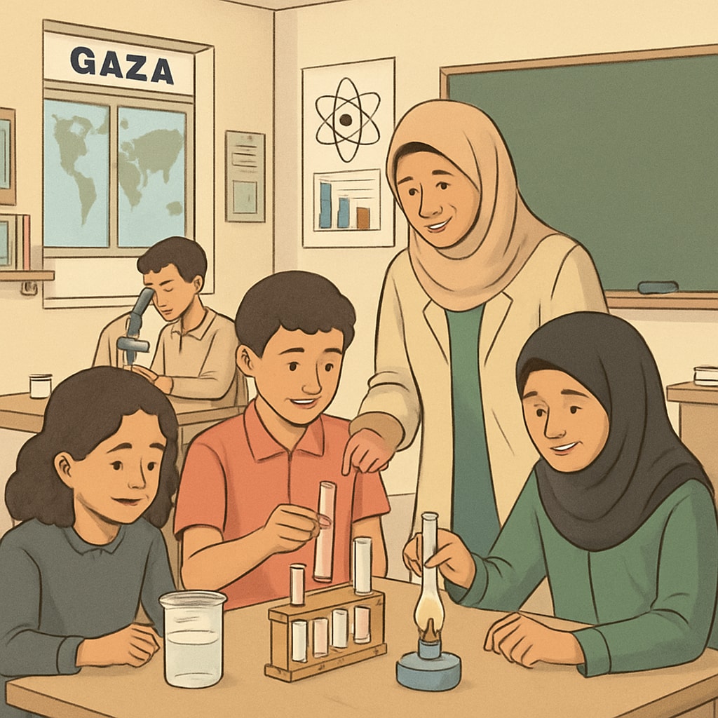 A classroom in Gaza where students are working on a science experiment with their teacher. The setting reflects collaborative and hands-on learning, emphasizing the importance of practical education in post-conflict areas. Gaza school classroom with students and teacher conducting a science experiment