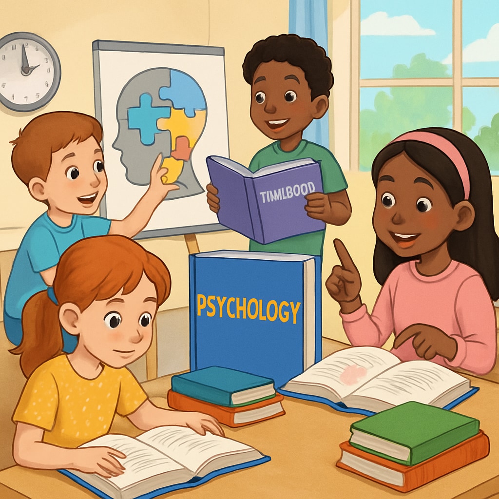 Young children engaging with psychology and philosophy resources in a classroom setting.