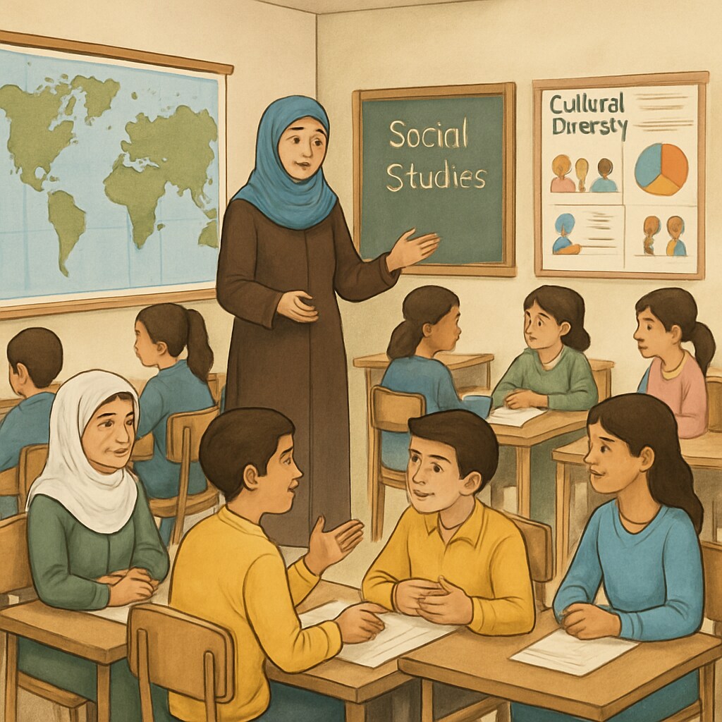 A social studies class in Gaza where students are discussing cultural diversity, with visual aids and group discussions fostering critical thinking and empathy. Gaza classroom with students learning about cultural diversity in a social studies class