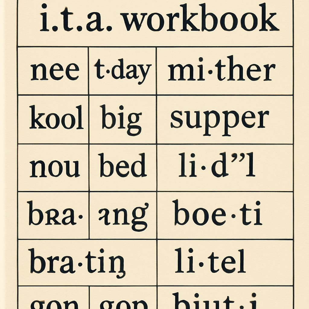A close-up of a vintage ITA workbook, showing phonetic spellings of common words utilized in the program. A vintage Initial Teaching Alphabet workbook displaying phonetic spellings.