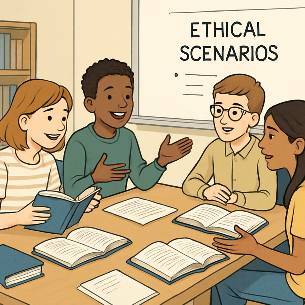 Middle school students discussing philosophical and psychological concepts in a group setting.