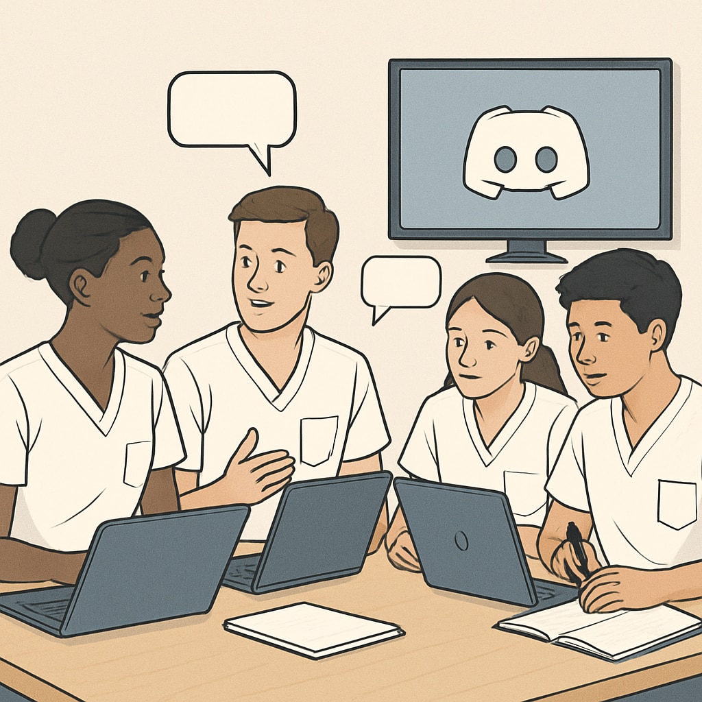A group of nursing students collaborating on a digital platform like Discord, with laptops and notebooks visible. Nursing students working together using Discord for study groups.
