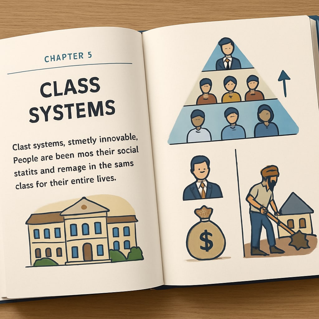 A textbook open to a chapter on class systems, featuring text that describes class systems as Textbook page discussing class systems and their controversial description in social studies education.