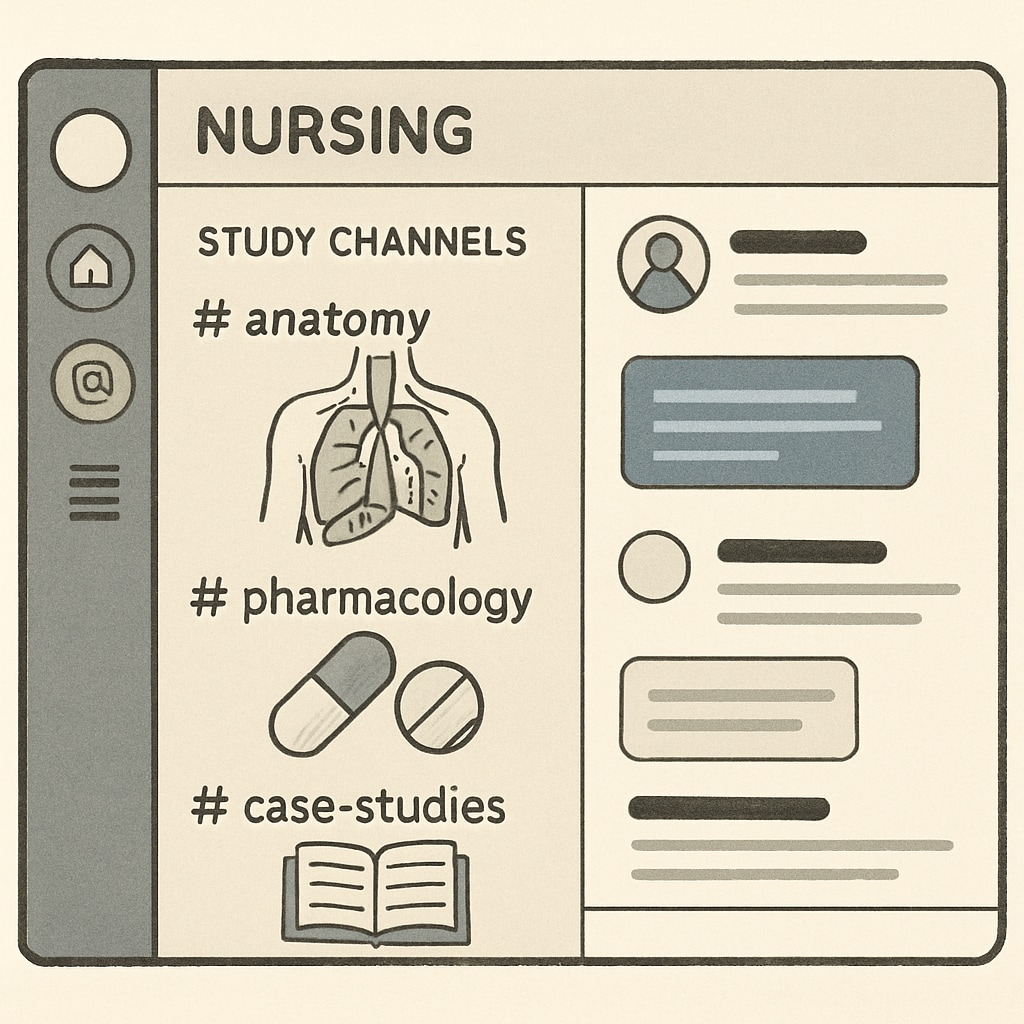 Discord interface showing organized study channels for nursing topics like anatomy, pharmacology, and case studies. Example of Discord interface tailored for nursing study groups.