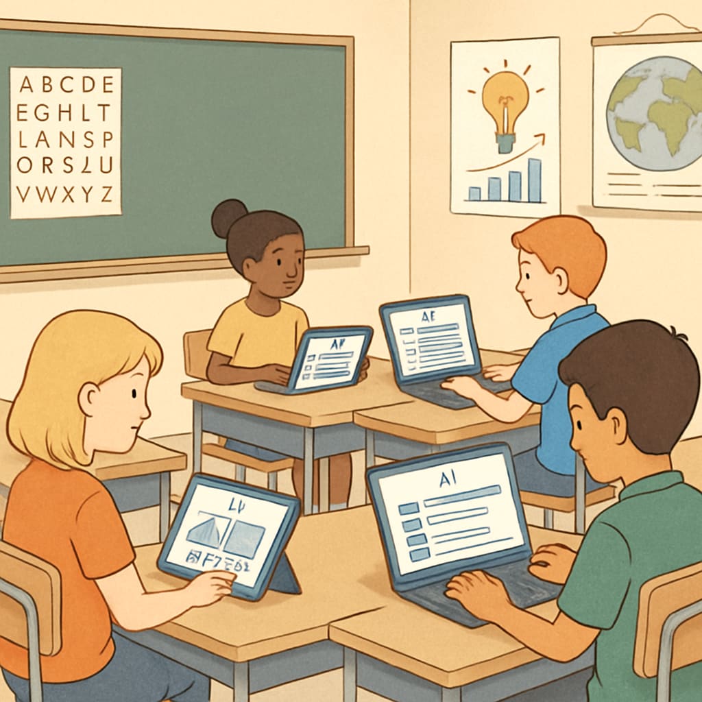 A classroom equipped with AI-driven personalized learning tools, illustrating students working on tailored digital activities. AI-driven personalized learning tools in a classroom setting.
