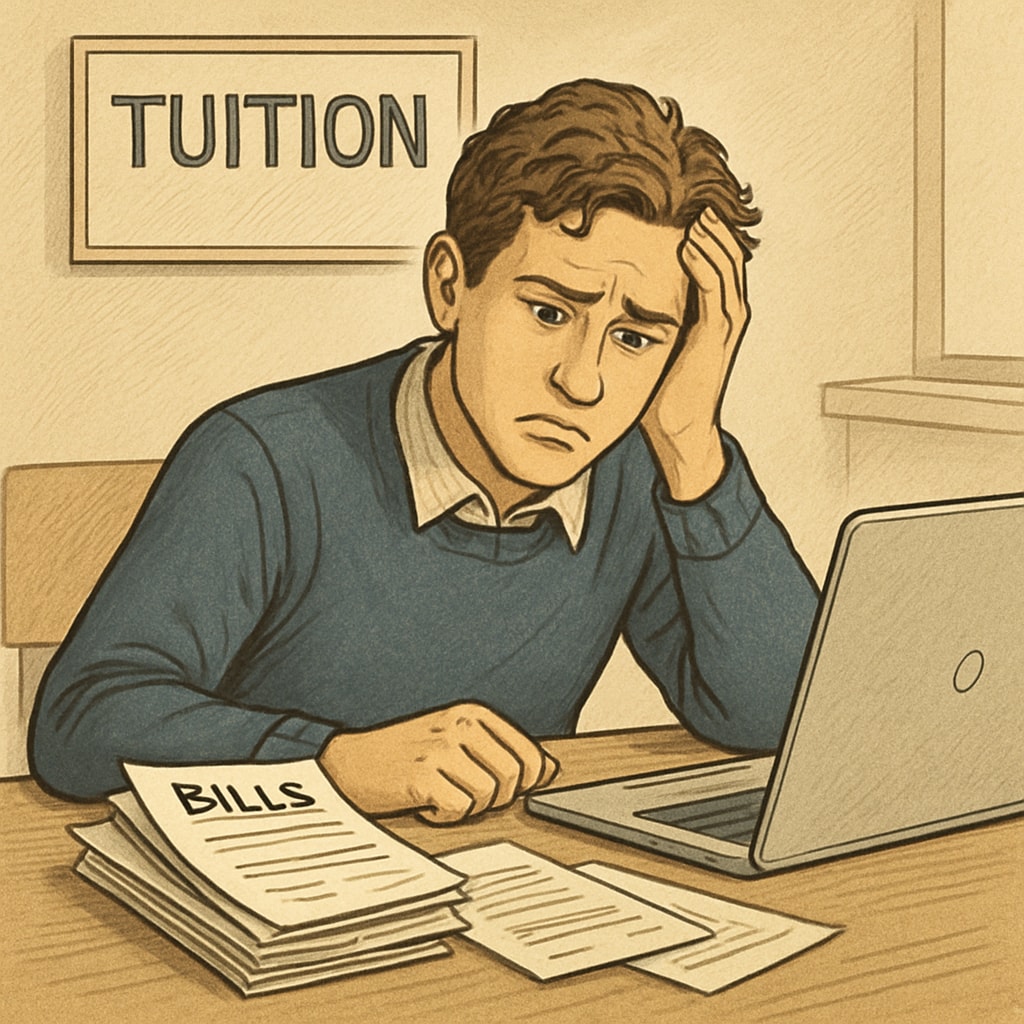A university student sitting at a desk with a stack of bills and a laptop, looking concerned. The image captures the emotional stress associated with tuition challenges. Student facing tuition challenges in the final semester
