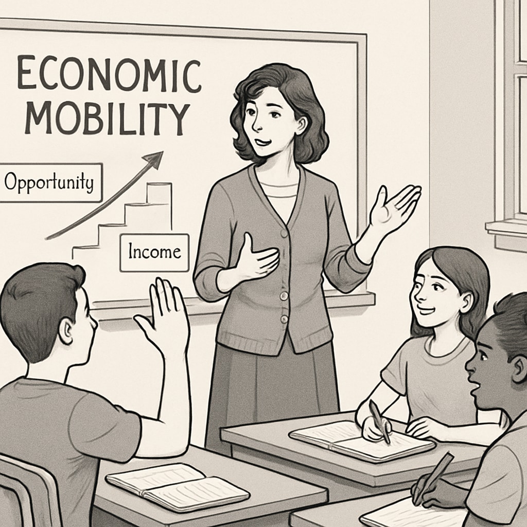 A teacher engaging students in a discussion about economic mobility, with students actively participating and taking notes. Classroom discussion on economic mobility led by a teacher, illustrating interactive education.